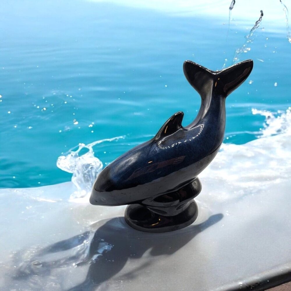 BMP Blue Mountain Pottery Blue Ceramic Dolphin Whale Figurine 7.5"